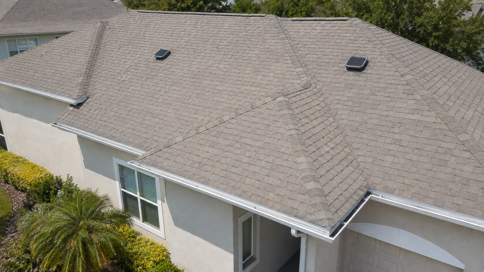 Demonstration aerial documentation view of a residential roof and exterior features